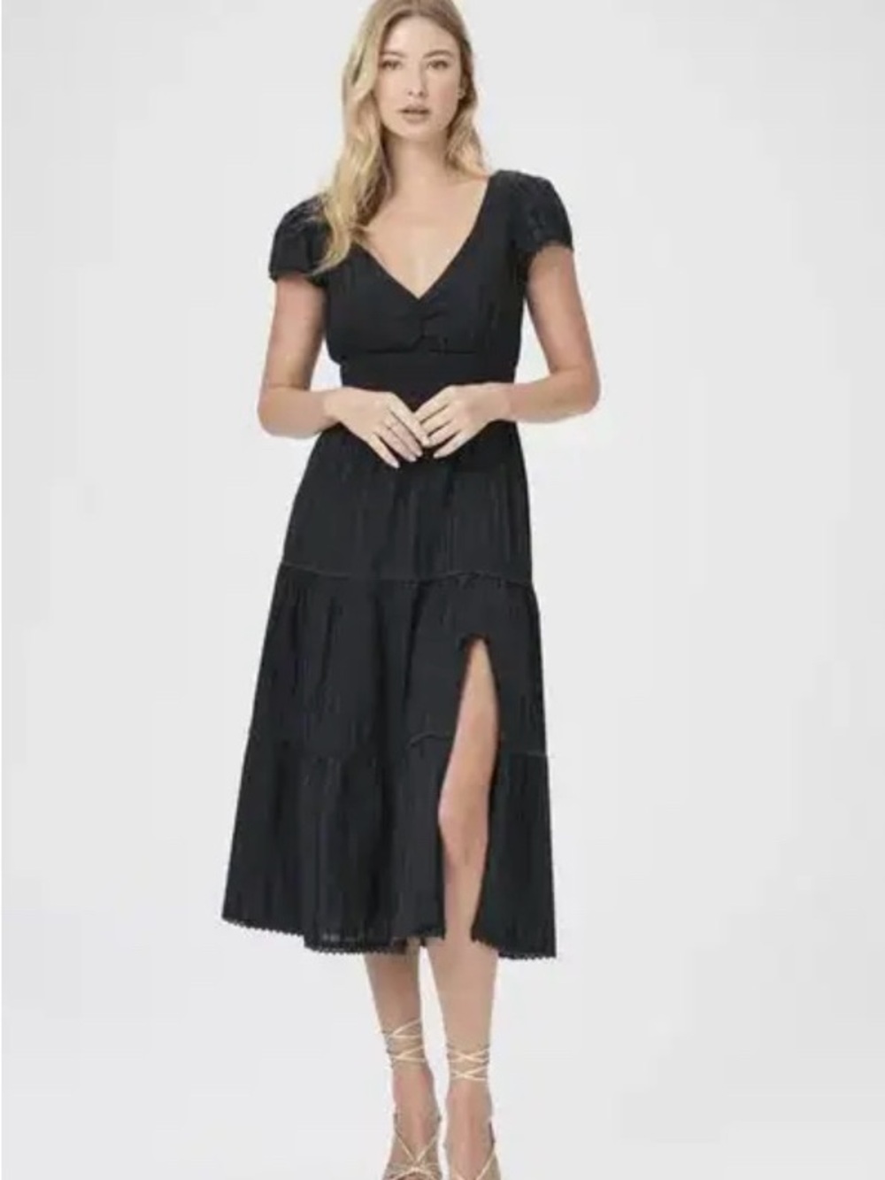 PAIGE Black V-Neck Tiered Midi Dress with Short Sleeves
